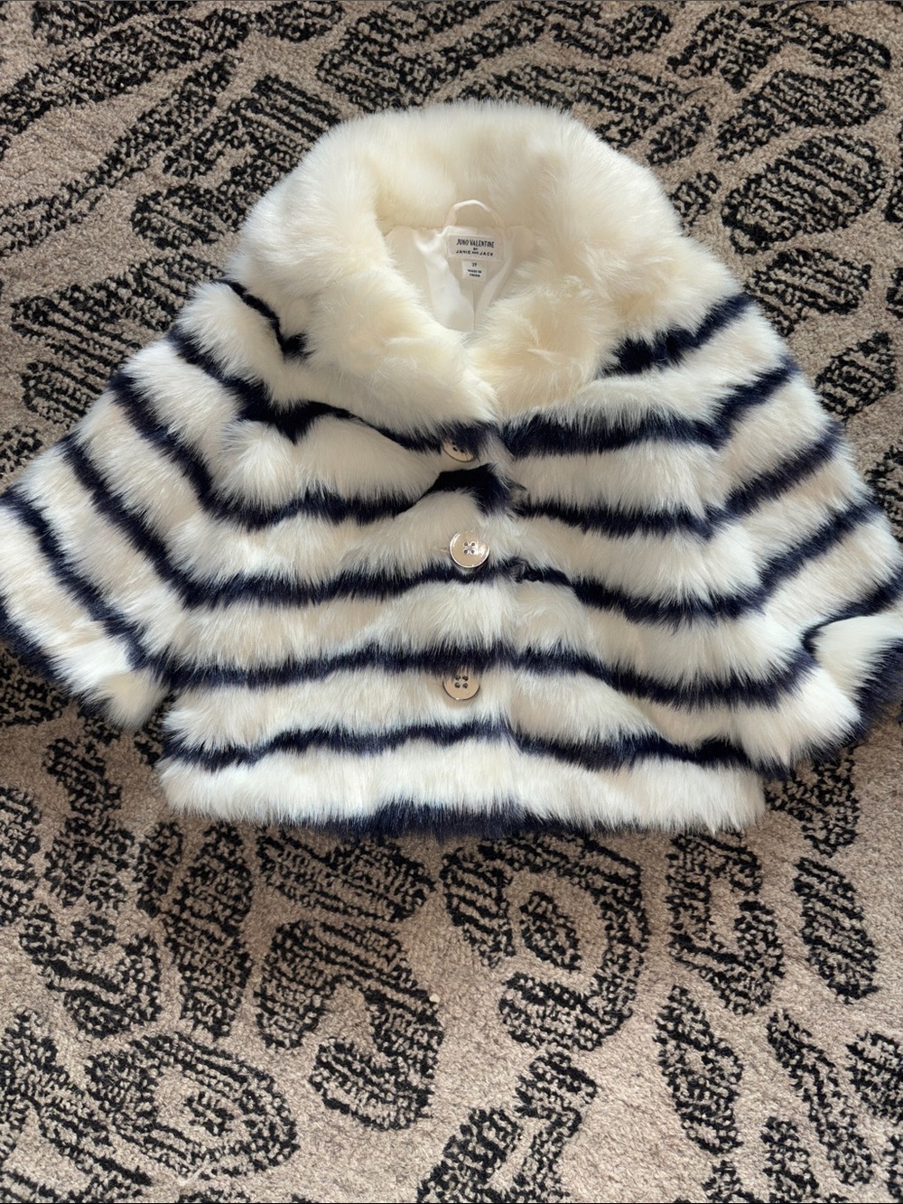 Girls Faux Fur Hooded Cape in Cream with Navy Stripes